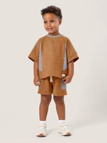 SUMWON Conjunto de dos piezas de terciopelo con mangas cortas y paneles de contraste para niños, ropa premium para otoño e invierno - Naranja - Ver 8