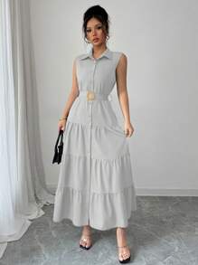 Elenzga Women Casual Solid Color Front Button Long Dress - Grey - View 8