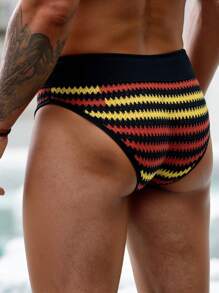 Manfinity Swimmode Men's Holiday Beach Contrast Striped Triangle Swim Trunks  Crochet For Men Men Crochet Shorts Swimwear For Men Hawaiian - Black - View 2