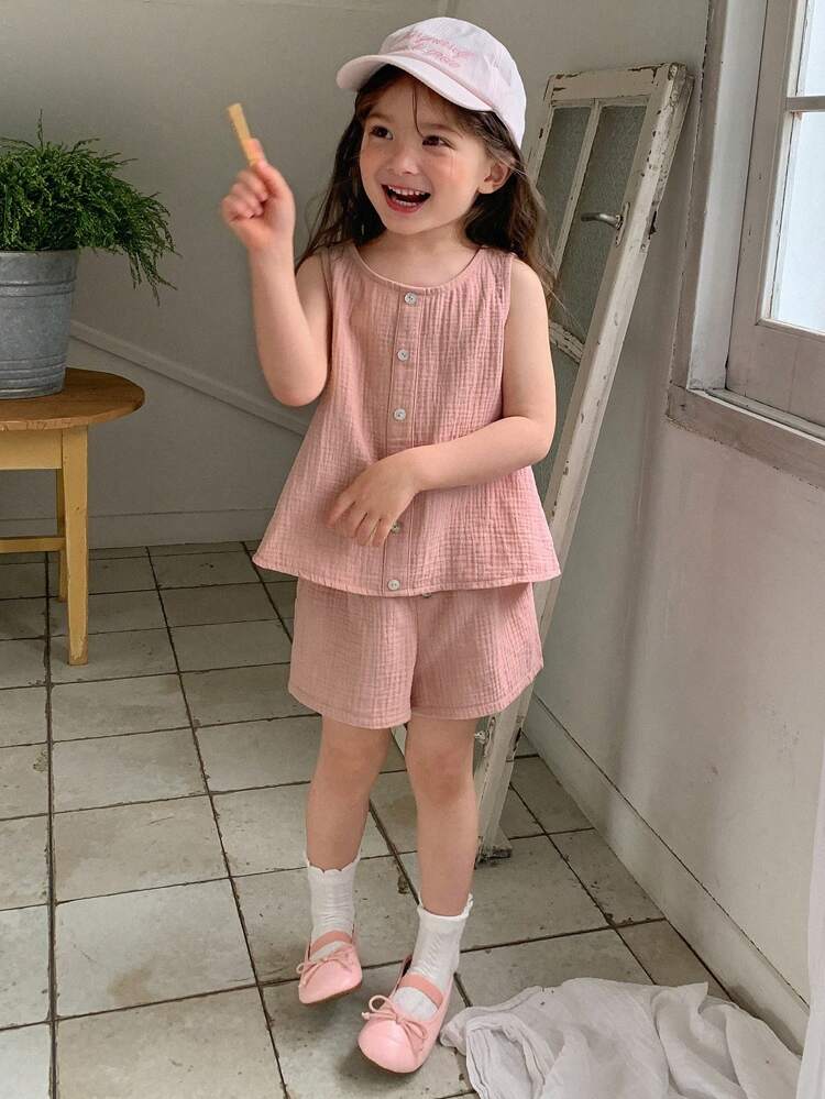 2pcs/Set Young Girls Casual Camisole Shirt Top And Loose Shorts Set,Girls Summer Outfits