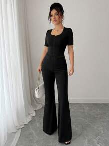 Elenzga 2pc Women Casual Commute Elegant Outfit - Button-Up Short Sleeve Top And Pants - Black - View 8