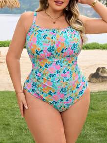 SHEIN CURVE+ Traje de baño enterizo con control de abdomen, estampado floral tropical y fruncido, para mujeres de talla grande - Multicolor - Ver 1