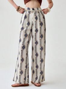 Florisole Quần ống rộng cạp cao in họa tiết hoa phong cách Bohemian, đơn giản, đa năng, thoải mái - Nhiều màu - Xem 1
