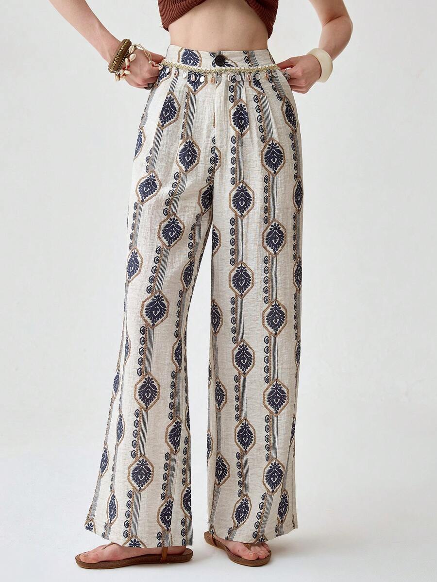 Florisole Quần ống rộng cạp cao in họa tiết hoa phong cách Bohemian, đơn giản, đa năng, thoải mái - Nhiều màu - Xem 1