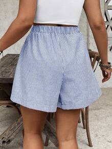 SHEIN VCAY Plus Size Elastic Waist Striped Casual Shorts - Blue - View 2