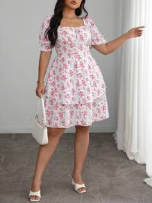 SHEIN MOOSTA 大码女式法式优雅蓝白花卉印花双层荷叶边短袖连衣裙，夏季女式短裙，夏季工作连衣裙，大码女式连衣裙，夏季女装，女装 - 紅白色 - 查看 6