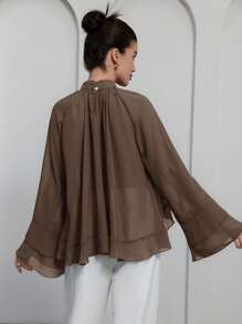 Aveloria 紫色雪纺荷叶边层叠喇叭形优雅奢华设计女式衬衫