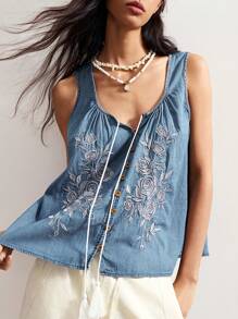 Bohemela Boho Denim Country Style Vintage Casual Western Cowboy Rose Embroidered Pattern Woven Denim Vest Boho Tops For Women