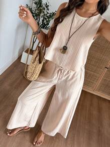 EMERY ROSE Women Solid Color Round Neck Short Sleeve Top And Flower Print Wide Leg Pants Set For Summer Two Pieces Outfits - Khaki - View 4