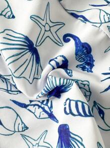 Conjunto de 2 piezas de traje de baño para niña preadolescente con estampado de conchas y caballitos de mar, incluye top halter y pantalón corto de cubrir, para el verano