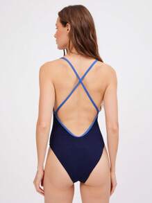 WESTFADE Traje de baño de una pieza con abertura en forma de lazo en la parte delantera, corte alto en las piernas y escote pronunciado en la espalda, de punto acanalado en dos tonos, perfecto para el verano, la playa y el 4 de julio - Azul Marino - Ver 5