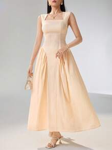 Heiryn Women's Elegant Swan Neck Cinched Waist Solid Color Summer Dress - Yellow - View 2