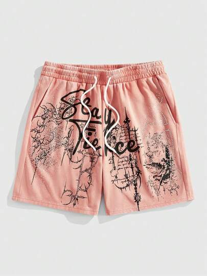 Street Life Pantalones cortos de verano casuales para hombre con contraste de color, estampado y decoración de cristales