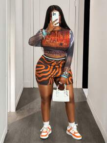 Slaydiva 2025 New Spring/Summer Women Plus Size Streetwear/Party/Music Festival/Retro Western Resort/Road Trip/Casual Vacation/Y2K Fitted Mesh Vintage Print Round Neck Long Sleeve Top & Abstract Pattern Waist Drawstring Short Set - B