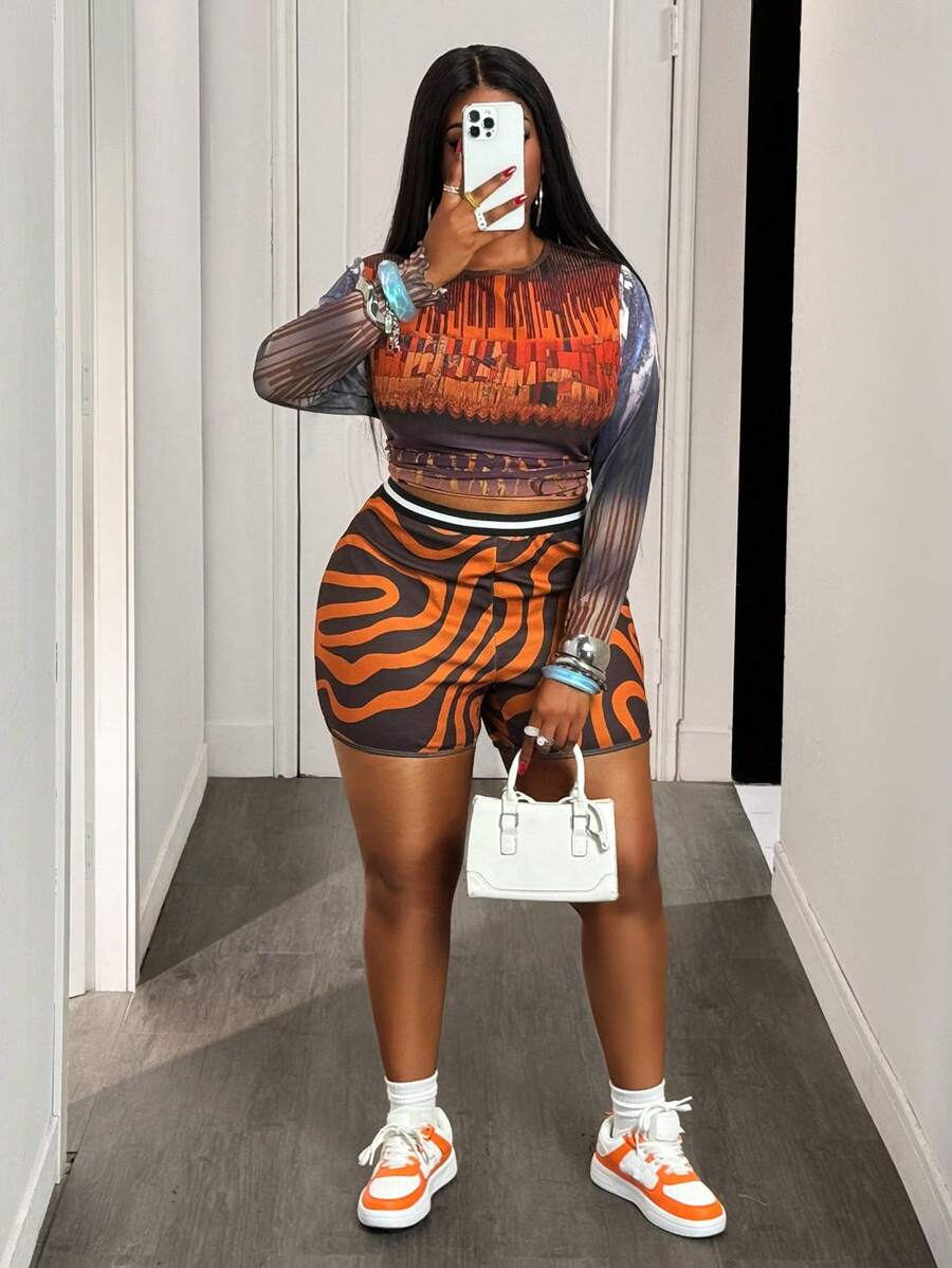 Slaydiva 2025 New Spring/Summer Women Plus Size Streetwear/Party/Music Festival/Retro Western Resort/Road Trip/Casual Vacation/Y2K Fitted Mesh Vintage Print Round Neck Long Sleeve Top & Abstract Pattern Waist Drawstring Short Set - B