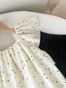 两件套：少女波点短款上衣（带泡泡袖）+修身喇叭裤 - 杏色 - 查看 7