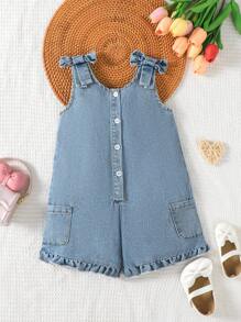 SHEIN Playful Pals 1 件套休闲可爱舒适棉质牛仔无袖连体裤，带蝴蝶结，适合女婴，蓝色 - 藍色 - 查看 6