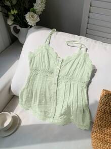 Comfortcana Áo hai dây ren vá màu xanh bạc hà dành cho nữ, mùa hè - Màu xanh Bạc hà - Xem 4