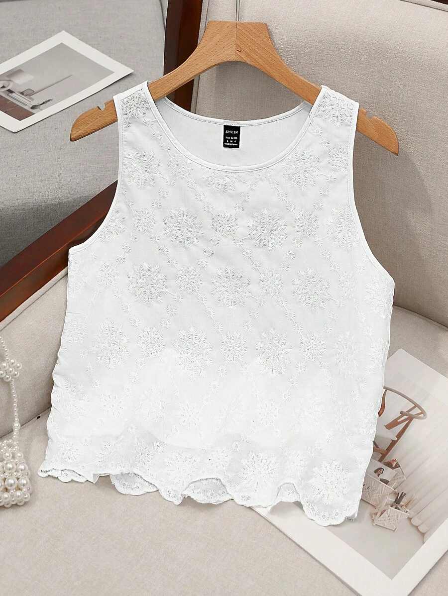 SHEIN LUNE 大码女式休闲刺绣圆领无袖短款上衣，适合度假穿着