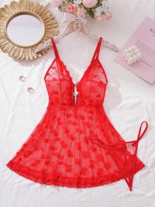 SHEIN 2件套女士性感蕾丝拼接睡袍套装 - 紅色 - 查看 6