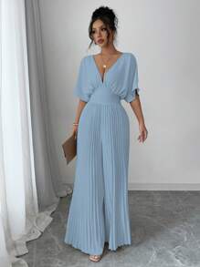 Elenzga Combinaison élégante pour femme, couleur unie, col en V profond, manches chauve-souris plissées