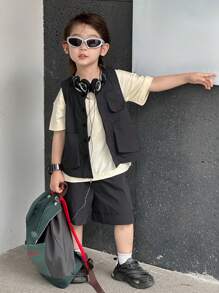 Dazy Kids 2pcs/Set Young BoyCrew Neck Sleeveless Top + Shorts Set, Summer - Black - View 3