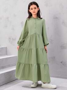SHEIN Tween Girl Lotus Leaf Collar Texture A-Line Long Dress With Long Sleeves