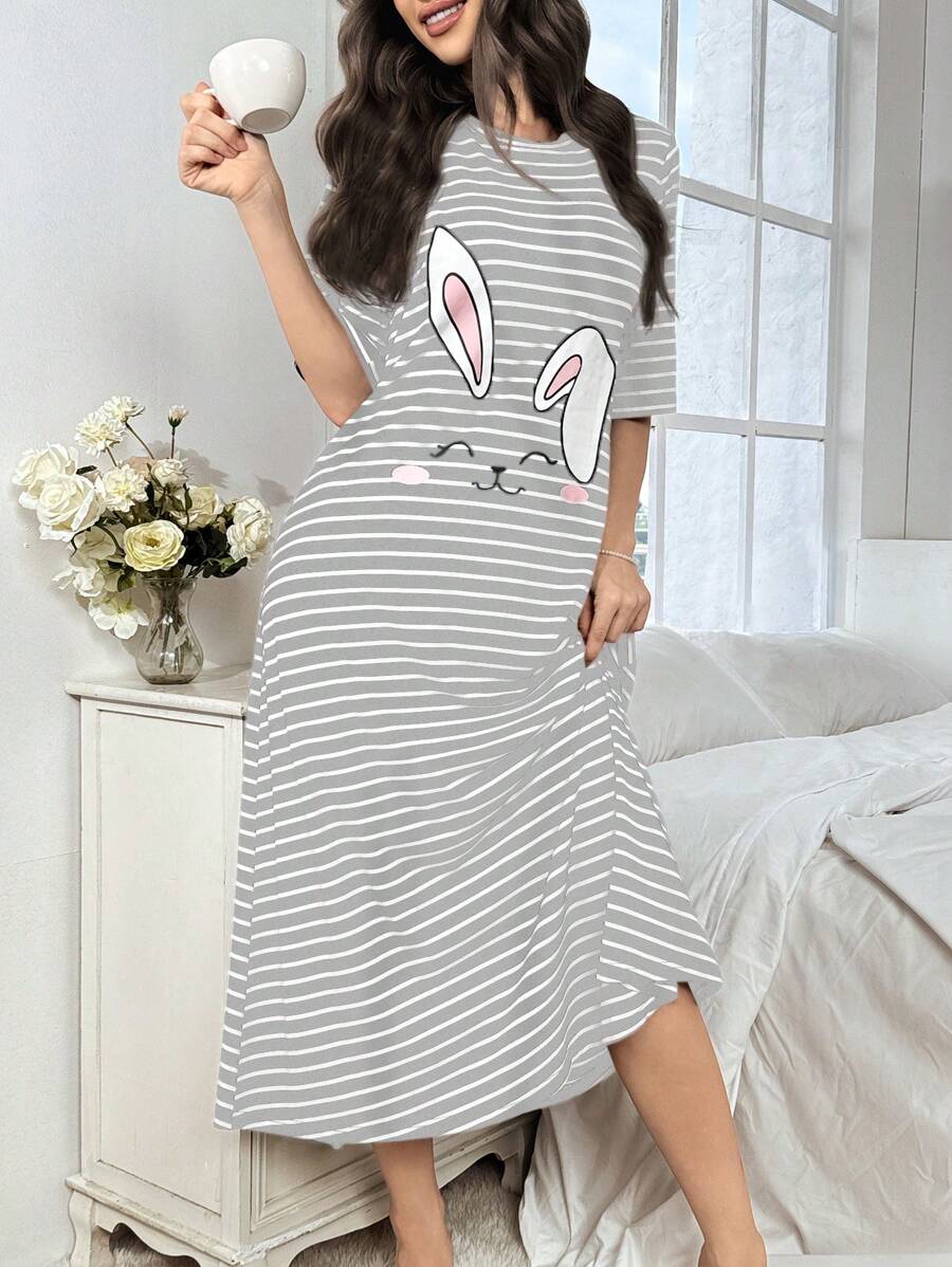Modelyn Women Striped Cartoon Print Nightgown