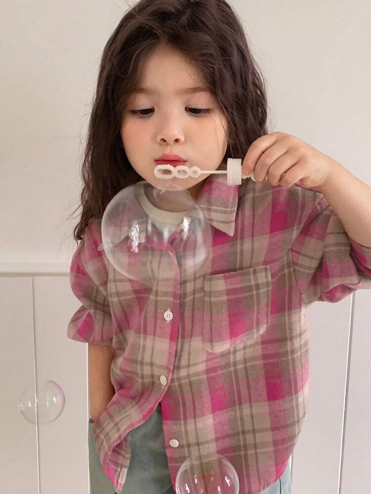 Young Girl Plaid Casual Korean Style Fresh Cute Long Sleeve Shirt, Summer