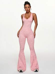 Slayform 1pc Leopard Print Twist Back V-Neck Wide Leg Jumpsuit Y2k Glowmode - Baby Pink - View 2