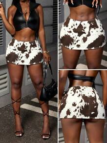 Slaydiva 女式休闲性感牛仔迷你裙，奶牛印花，夏季 - 彩色 - 查看 1