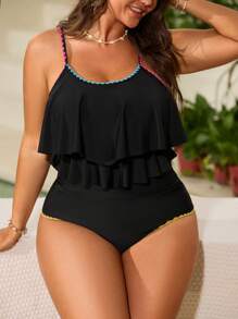 SHEIN Swim Curve 两件套加大码纯色针织高腰三角内裤和荷叶边双层短款比基尼套装，成熟风格