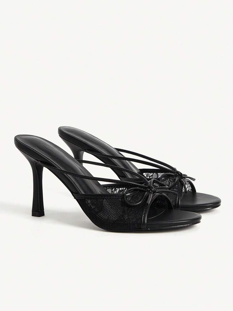 CUCCOO CHICEST Women's Black PU Mesh Patchwork Sandals, Bowknot Strap Round Toe Stiletto High Heels, Elegant Romantic Suitable For Afternoon Tea, Date, Formal Dress, And Holiday For Christmas Elegant Shoes Wedding Shoes Summer Shoes Bride Shoes