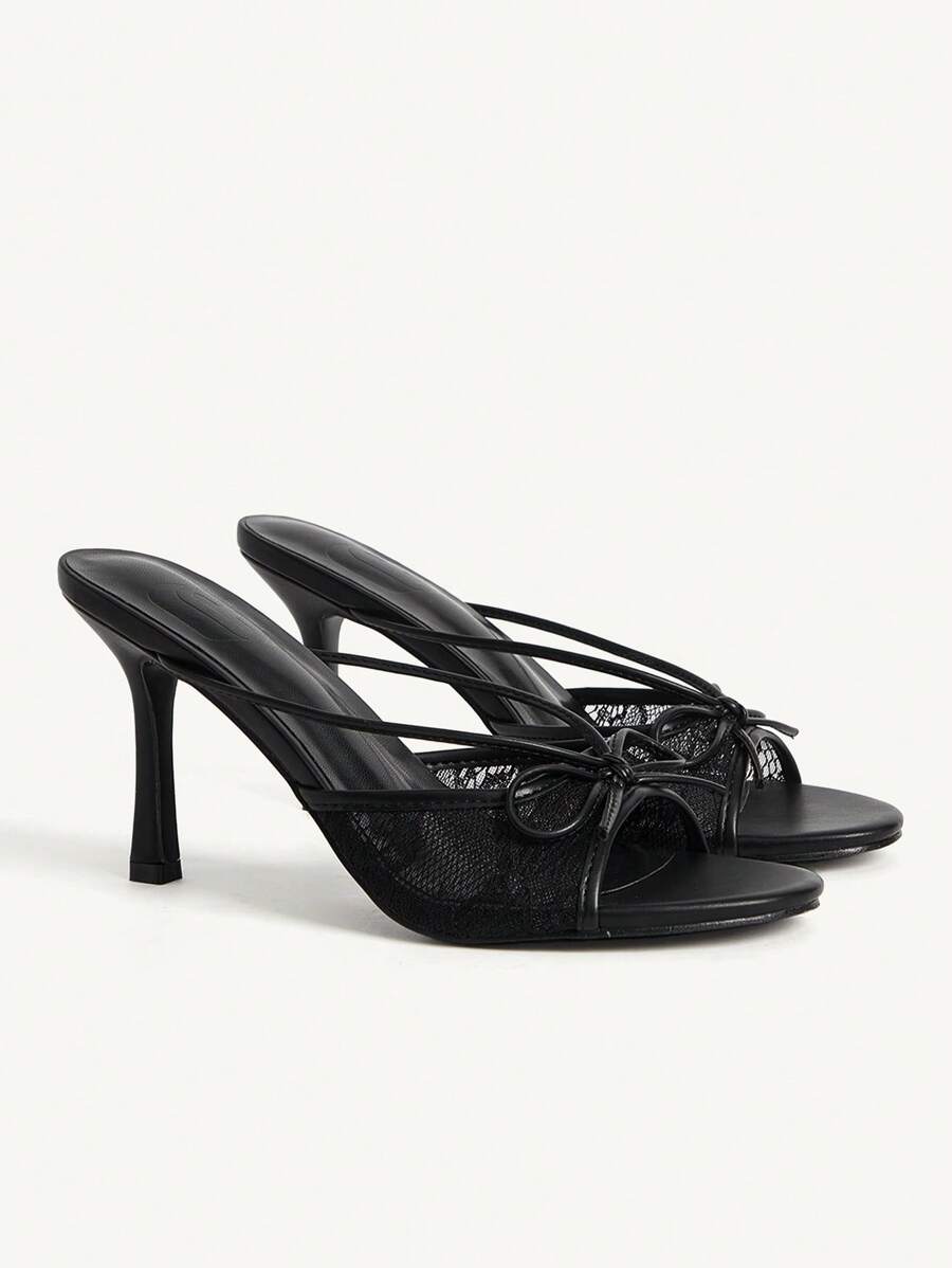 CUCCOO CHICEST 女士黑色 PU 网眼拼接凉鞋，蝴蝶结系带圆头细高跟鞋，优雅浪漫，适合下午茶、约会、正式礼服和假日