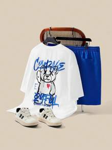 EASEVO Conjunto de camiseta de manga corta de cuello redondo holgada de punto y pantalones cortos talla grande para hombre