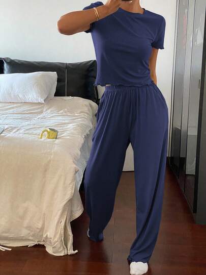 DAZY Solid Color Wave Trim Decor Fitted Top And Pants Home Outfit Set Pajama