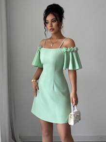 Elenzga Rochie elegantă scurtă pentru femei, cu decor floral 3D, în culori solide, cu umăr gol