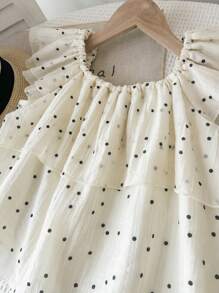 两件套：少女波点短款上衣（带泡泡袖）+修身喇叭裤 - 杏色 - 查看 6