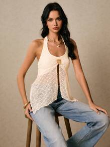 Poéselle 女士仿钩编面料金属扣装饰吊带上衣，杏色不对称下摆假日女士金属装饰开衩性感吊带上衣，夏季可爱海滩度假乡村街头风Y2K上衣 - 白色 - 查看 7