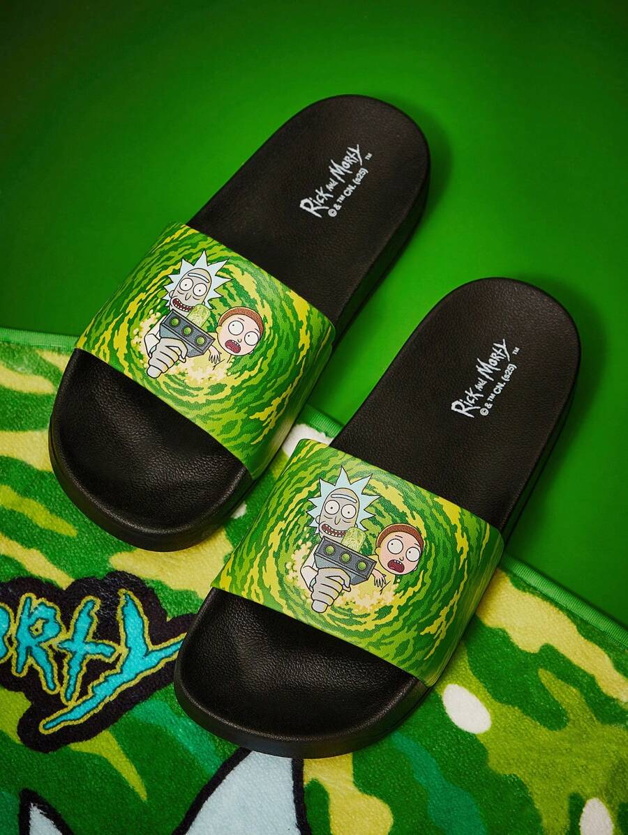 Rick and Morty X SHEIN Cute Cartoon PVC Unisex Slide Sandals, Suitable For Indoor And Outdoor Wear, Black - Multicolor - View 1