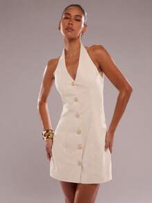 SHEIN BAE 女式性感前扣露背吊带连衣裙，夏季 - 杏色 - 查看 1