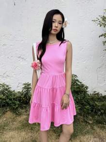 SHEIN Teens' Girl Casual Simple Comfortable Round Neck Sleeveless Ruffle Hem Dress With Bowknot Back Design - Hot Pink - View 4