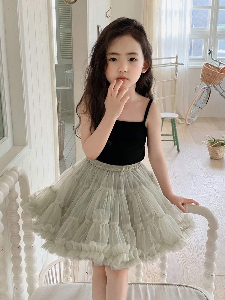 2pcs Young Girl Cute Solid Camisole With Mesh Ruffled Short Sleeve Set, Korean Style, Girls Summer Outfits
