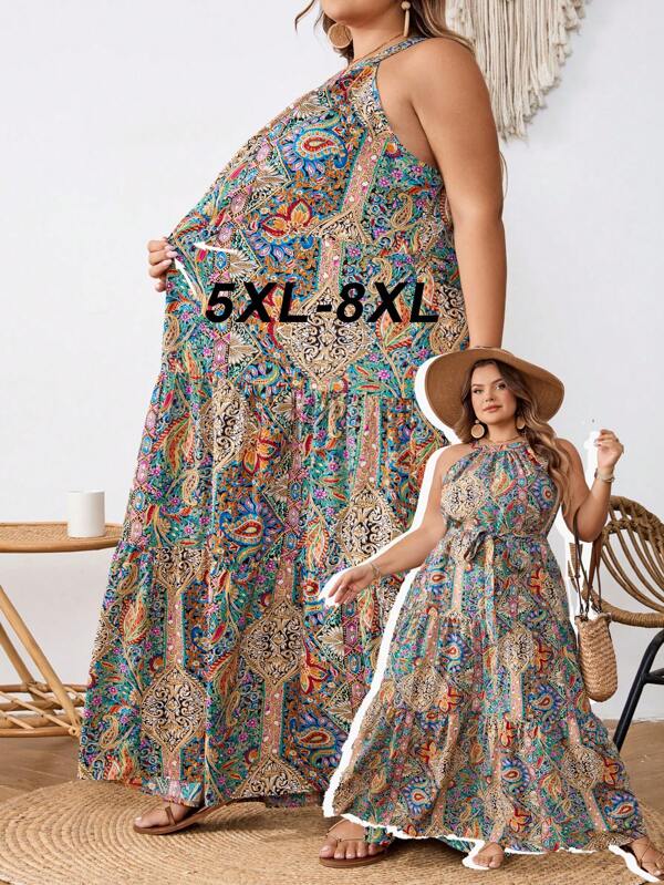 SHEIN CURVE+ Abito da donna taglie forti con stampa di piante, scollo alla halter con vita attorcigliata, abiti per vacanze al mare, abito da spiaggia, outfit per vacanze in spiaggia, essenziali da spiaggia, abito per laurea, garden festa, abito estivo, abiti da spiaggia, outfit per vacanze in campagna