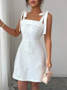 Elenzga 女士简约优雅法式白色休闲连衣裙，适合办公室、海滩度假、音乐节、下午茶、花园派对、德比，纯色，网眼嵌花，蝴蝶提花，翻领胸围，收腰，A 字裙，宽肩带配蝴蝶结，无袖，迷你长度 - 杏色 - 查看 7