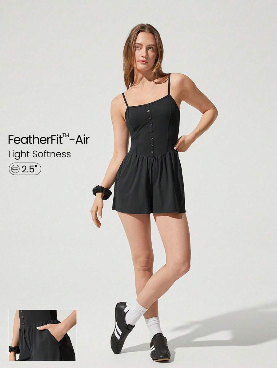 GLOWMODE 2.5" FeatherFit™-Air Power Princess Side Pockets Buttons Removable Cups Square Neck Pleated Romper Low Impact Daily Casual Wear - Black - View 1