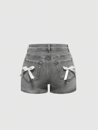 Kawaii Women Vintage Sweet Pink Bow Decor Elastic Light Blue Denim Shorts, Summer