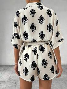 SHEIN PETITE 女式印花蝙蝠袖系腰连体裤（有领）