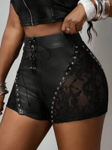 Slaydiva 2025新款夏季休闲街头性感Y2K辣妹风格日常约会生日派对蕾丝拼接PU铆钉装饰前中心假门襟和孔眼装饰黑色PU裤超短裤紧身迷你裤女短裤-B - 黑色 - 查看 1