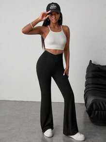 SHEIN Teen Girls' Simple Solid Black High-Waisted Flared Pants For Home, Casual, Outdoor Sports Fall Winter